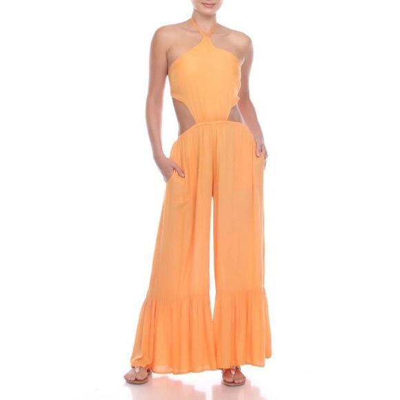 Boho Me Pants - Boho Me NWT peach halter cutout wide leg cropped jumpsuit
